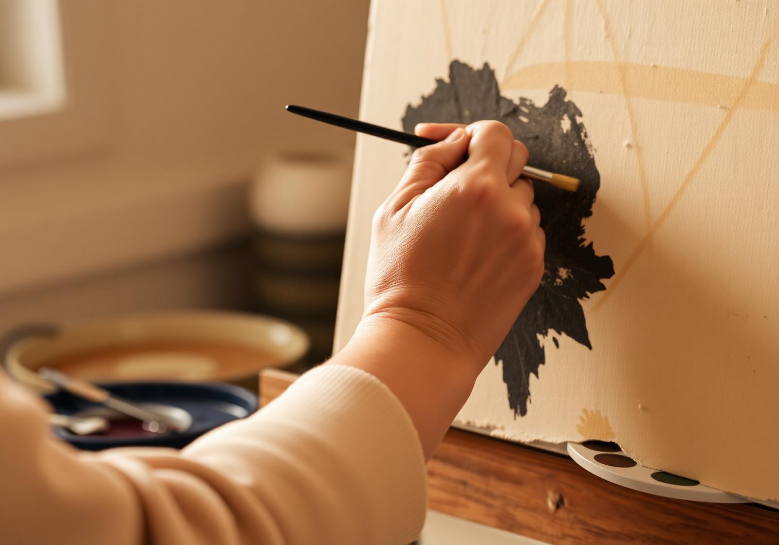 Close-up of a student painting on canvas in the studio