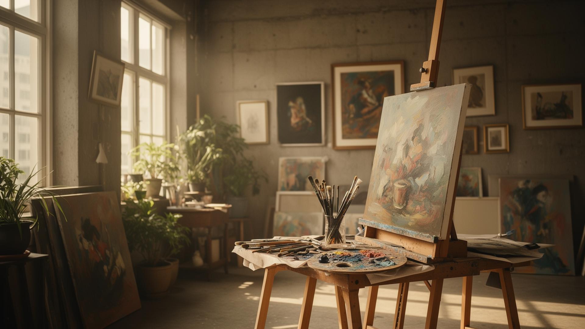 Sunlit art studio interior with easel, brushes and framed paintings
