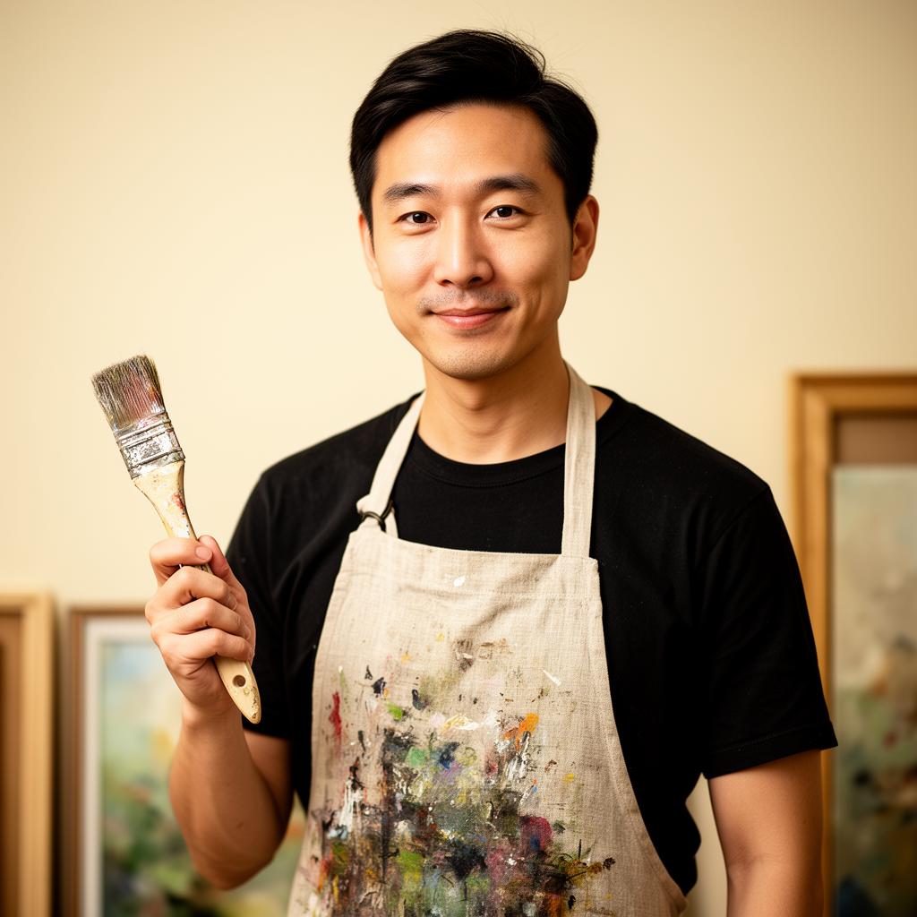 Andrew Tang, private art instructor, holding a paintbrush